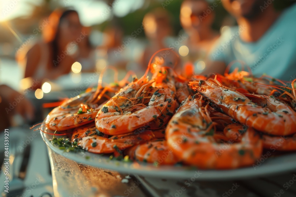 A plate of shrimp is on a table with a group of people A plate of shrimp is on a table with a group of people