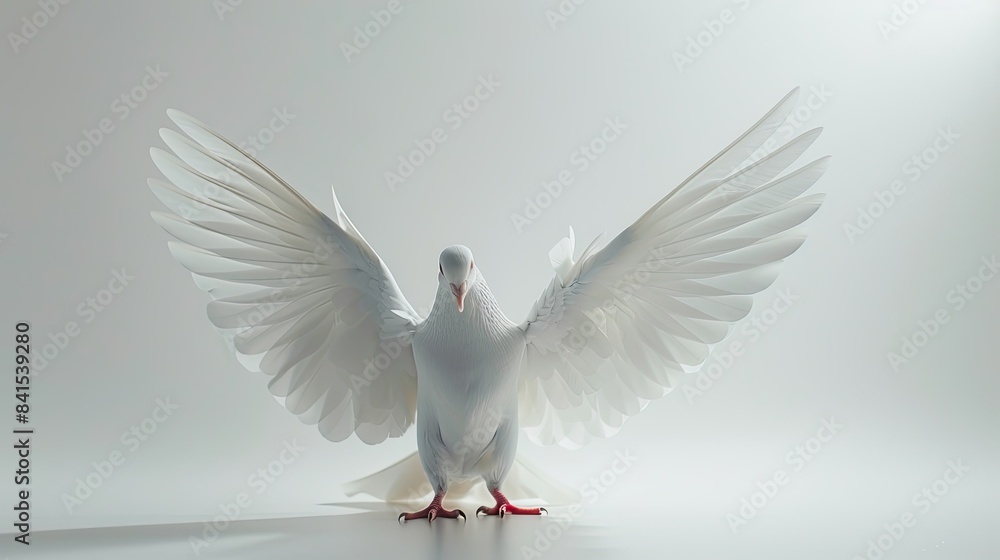 Fototapeta premium Elegant white dove spreading its wings against a clear white backdrop, symbol of freedom