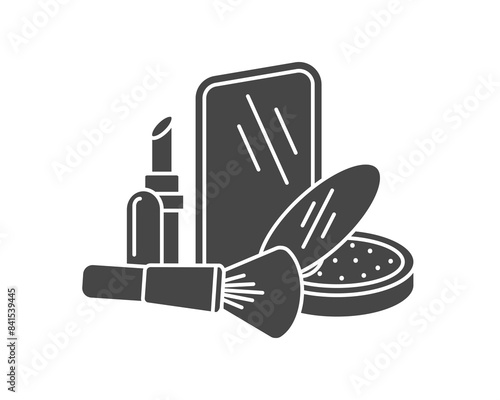 Makeup and cosmetics. Vector set of beauty graphic black icons. Lipstick, powder, mirror, face brush.