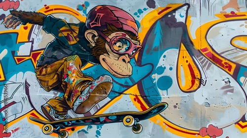 Punk Rock Monkey Skater in Vibrant Street Art Landscape