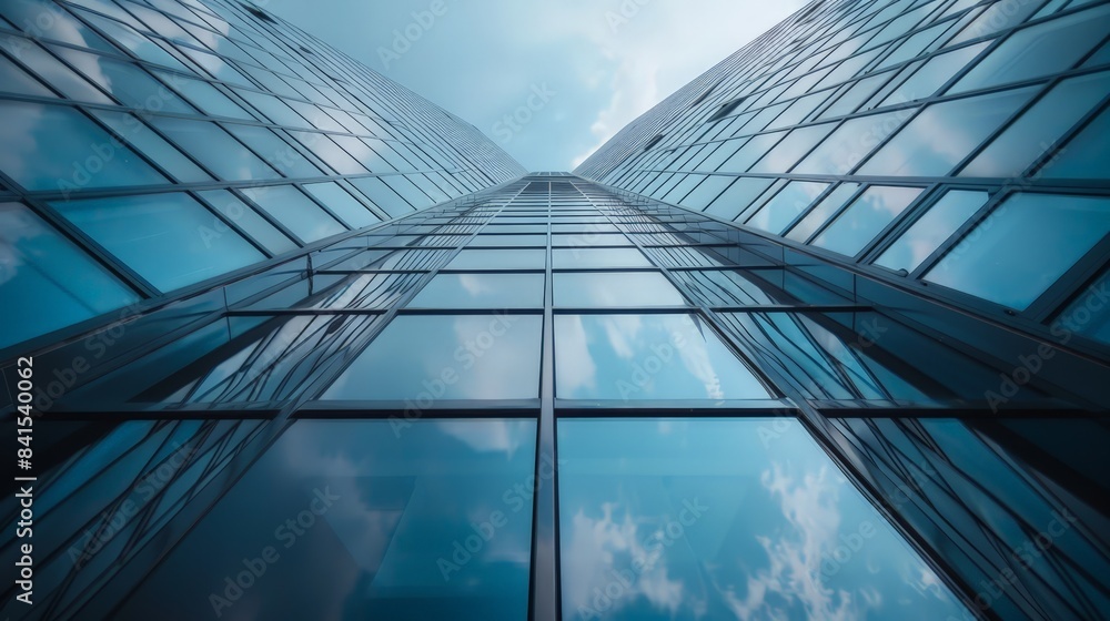 Obraz premium Create an image of a modern skyscraper with sleek glass windows reflecting the city skyline, showcasing contemporary architecture and urban development.