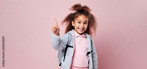 A little girl smile points with her finger to the side on a pink background 