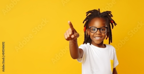 A little girl smile points with her finger to the side on yellow background	
