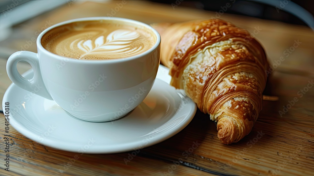 Freshly brewed coffee and a flaky croissant, perfect breakfast pair for a delightful start Freshly brewed coffee and a flaky croissant, perfect breakfast pair for a delightful start