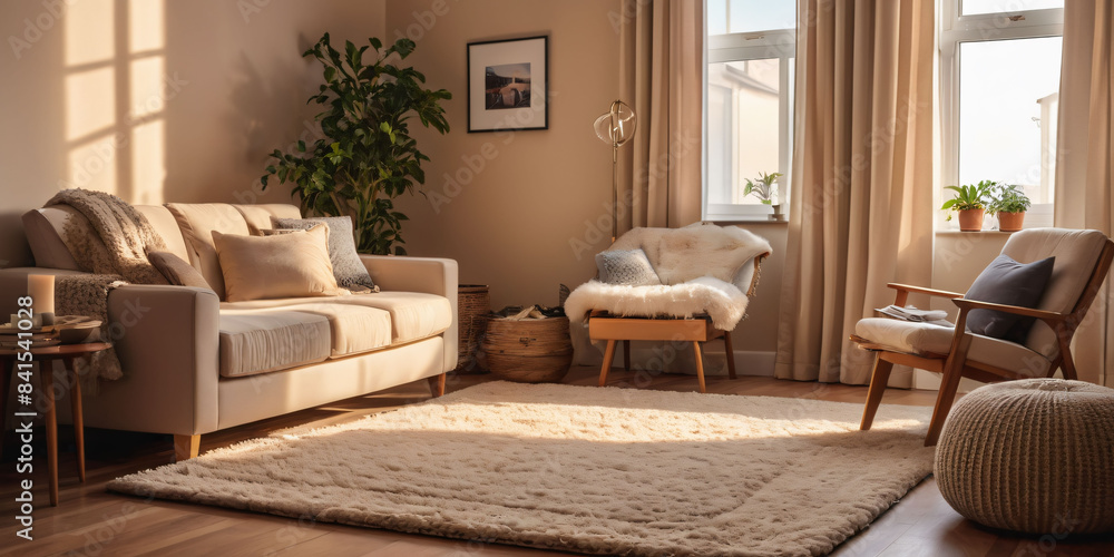 A cozy beige living room with a plush area rug and a comfortable reading nook. A cozy beige living room with a plush area rug and a comfortable reading nook.