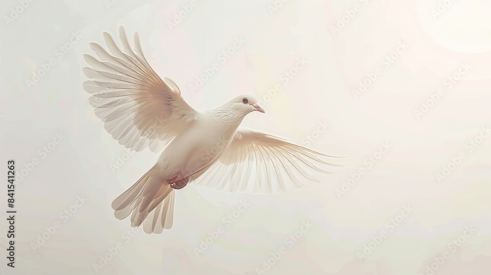 Graceful white dove soaring against a clear white sky, symbol of purity and tranquility Graceful white dove soaring against a clear white sky, symbol of purity and tranquility