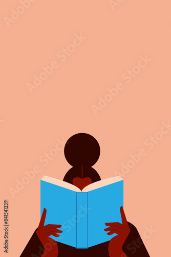 Reading is fundamental. Dark-skinned woman, young girl reading a book. Flat vector illustration. Concept on education, self-directed learning. Character design, vertical design. 