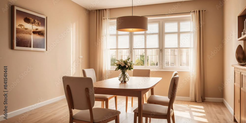 A modern, minimalist dining room with a small, round table and chairs, surrounded by a neutral color palette A modern, minimalist dining room with a small, round table and chairs, surrounded by a neutral color palette