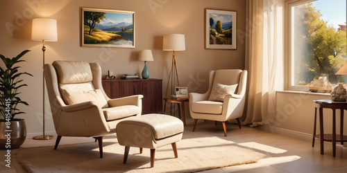 A calming beige living room with a peaceful landscape painting and a comfortable reading chair. © chick_david