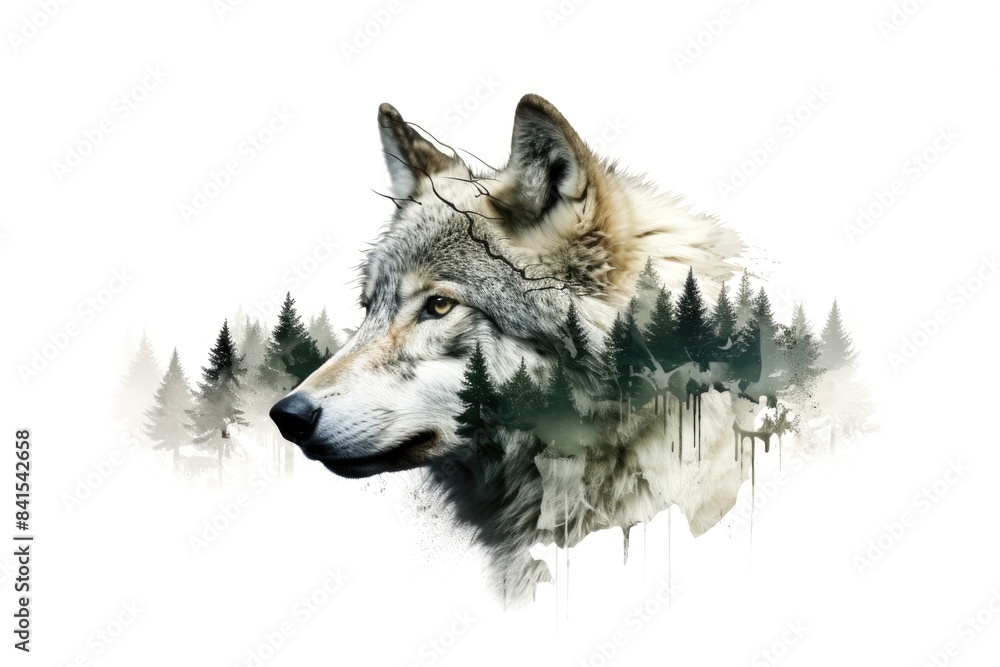 Fototapeta Majestic Wolf Double Exposure with Forest Landscape