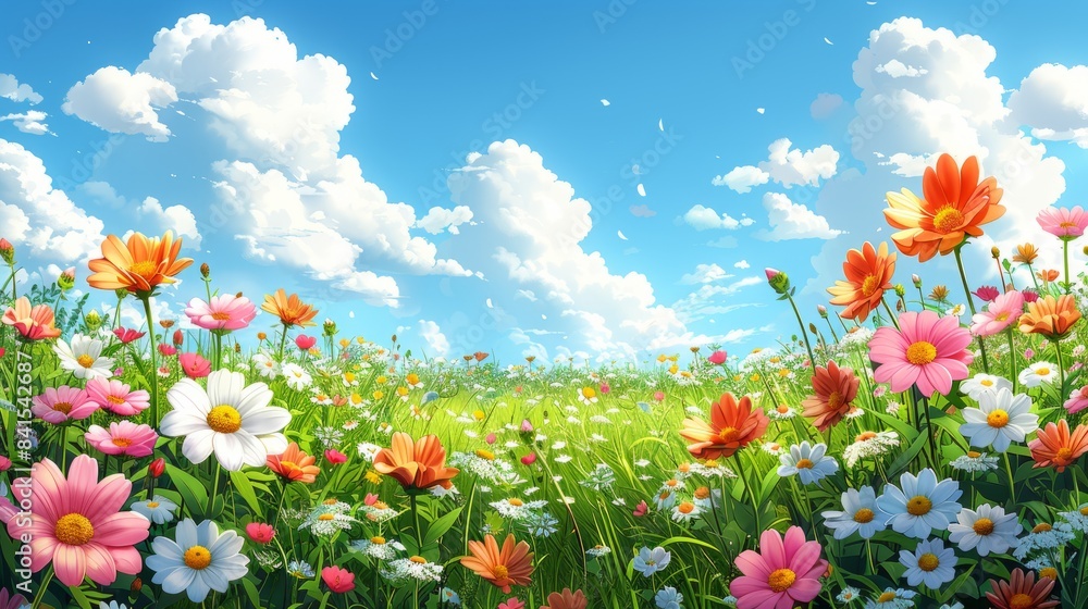 Beautiful meadow with blooming flowers on a green field with grass against a blue sky with sun in a natural park under the summer sun. Field of colored daisies under a blue sky with clouds Beautiful meadow with blooming flowers on a green field with grass against a blue sky with sun in a natural park under the summer sun. Field of colored daisies under a blue sky with clouds