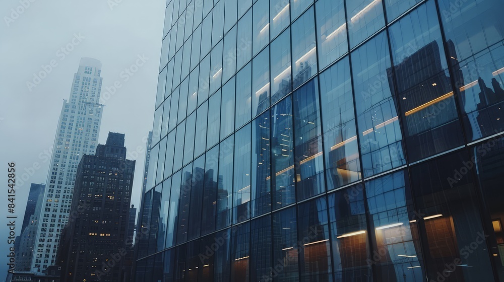 Create an image of a modern skyscraper with sleek glass windows reflecting the city skyline, showcasing contemporary architecture and urban development. Create an image of a modern skyscraper with sleek glass windows reflecting the city skyline, showcasing contemporary architecture and urban development.