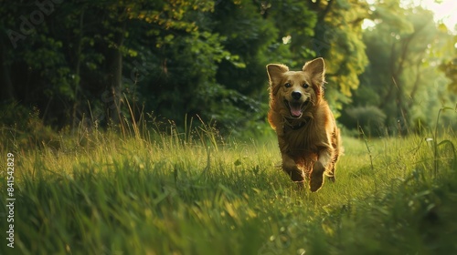 Lively dog bounding through a lush green pasture, unrestrained joy echoing across the field