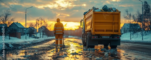 Worker stands near garbage truck at sunset