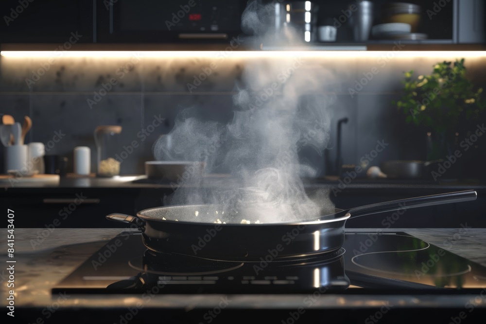 transparent modern kitchen frying pan filled with food cooking, emitting steam into the air. cooking at home. steam from the pan. fire safety. adding alcohol to a recipe transparent modern kitchen frying pan filled with food cooking, emitting steam into the air. cooking at home. steam from the pan. fire safety. adding alcohol to a recipe