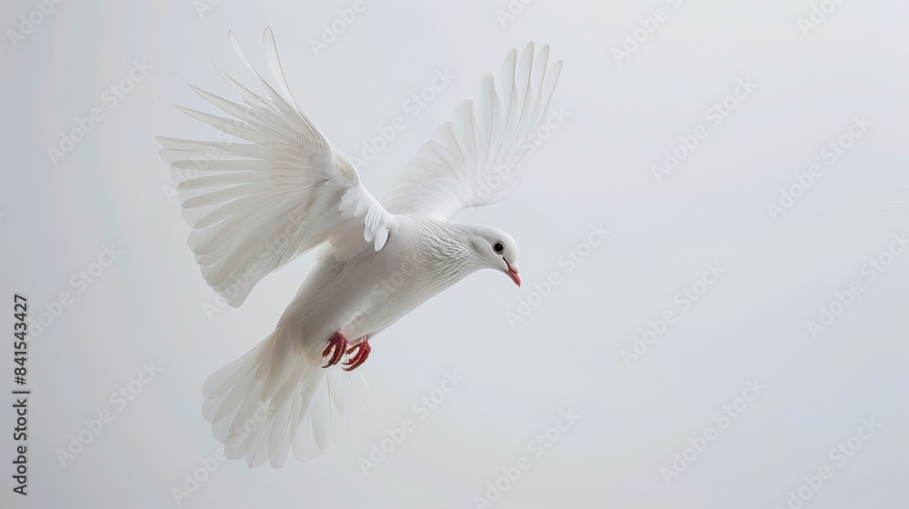 Fototapeta premium Majestic white dove taking flight against a clear white sky, symbolizing hope and purity