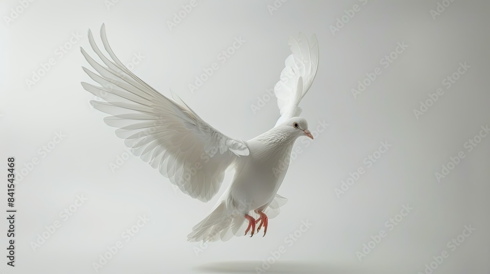 Majestic white dove taking flight against a pristine white backdrop, wings extended gracefully Majestic white dove taking flight against a pristine white backdrop, wings extended gracefully