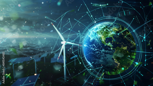 The digital Earth visualization shows our planet surrounded by green energy symbols such as wind turbines and solar panels.