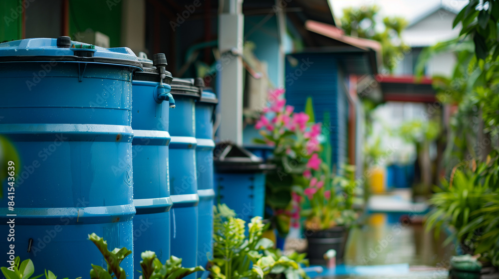 Rainwater harvesting system in a residential area, emphasizing water conservation and sustainable living. Rainwater harvesting system in a residential area, emphasizing water conservation and sustainable living.