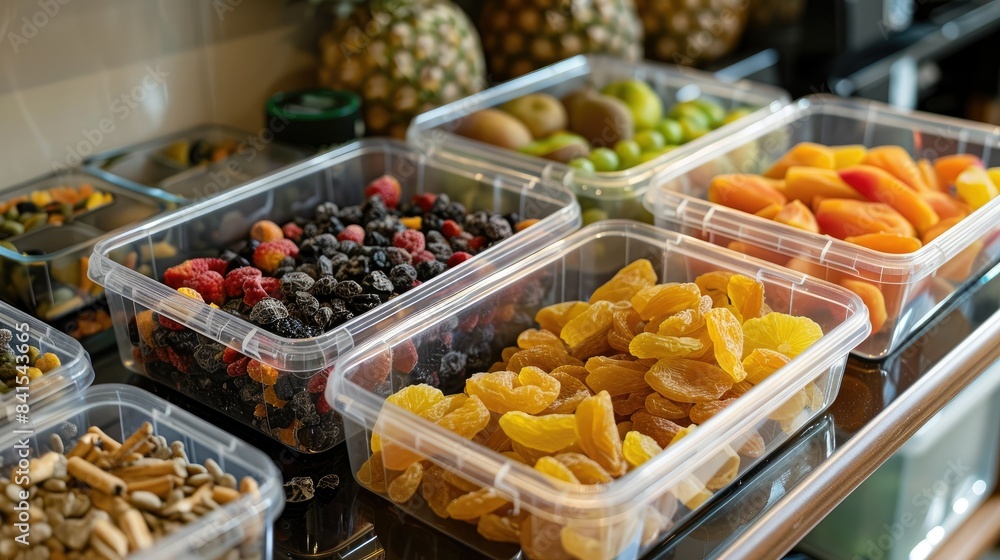 Mixed dried fruits packed in see-through plastic boxes, displayed on a kitchen counter Mixed dried fruits packed in see-through plastic boxes, displayed on a kitchen counter
