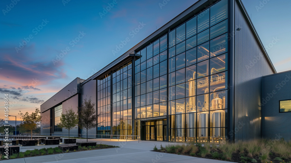 Obraz premium From the outside, a view of the modern facade of the brewery with large glass windows overlooking the automated bottling line.