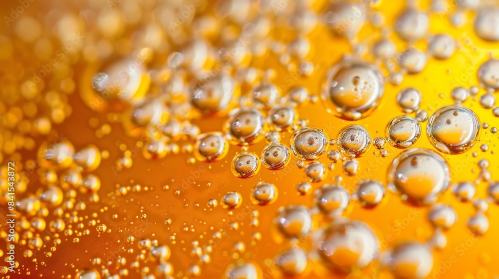 Macro Shot of Effervescent Bubbles in Golden Amber Liquid Creating a Sparkling Effect.