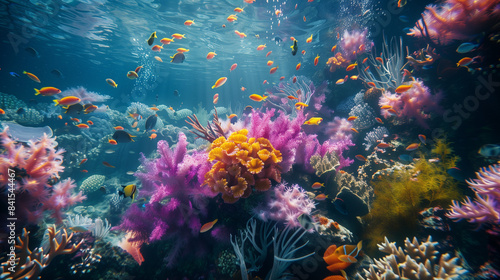 An underwater environment of colorful coral reefs and rich marine life.