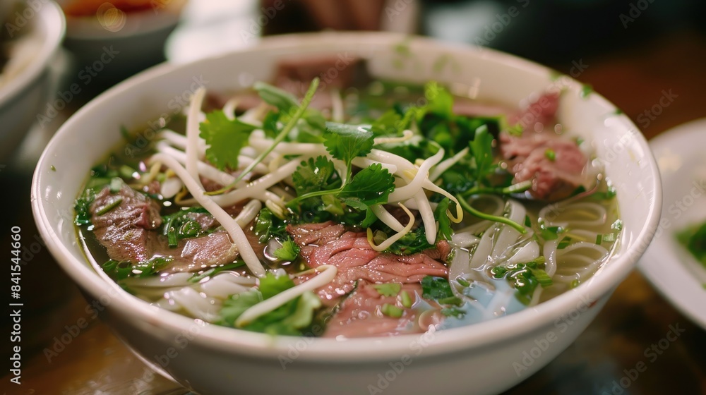 Satisfying bowl of pho filled with rice noodles, beef slices, bean sprouts, and fresh herbs, ready to be enjoyed Satisfying bowl of pho filled with rice noodles, beef slices, bean sprouts, and fresh herbs, ready to be enjoyed
