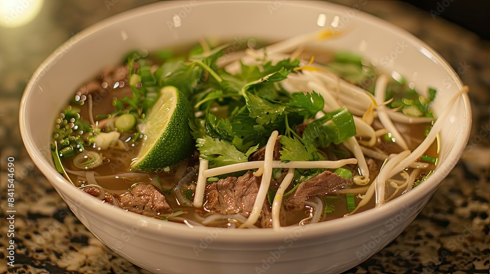 Satisfying bowl of pho soup, featuring beef, rice noodles, bean sprouts, fresh herbs, and a tangy lime twist Satisfying bowl of pho soup, featuring beef, rice noodles, bean sprouts, fresh herbs, and a tangy lime twist