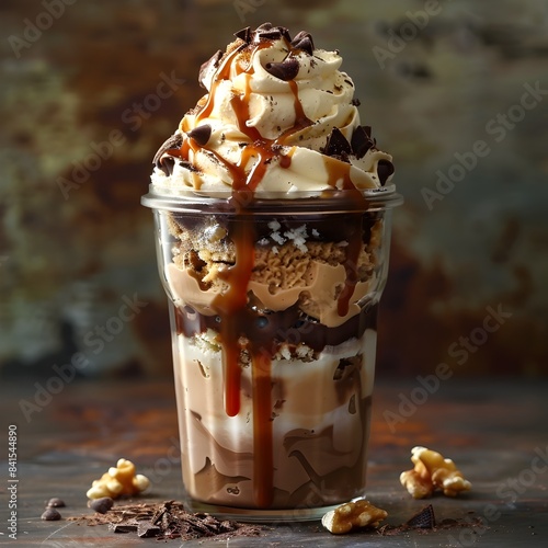Gourmet Ice Cream Sundae with Layers of Chocolate and Caramel Served in a Glass Jar Creamy Dessert Concept with Copy Space
