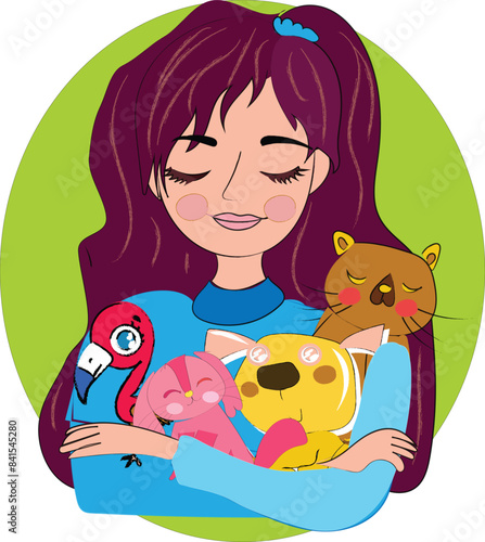 The girl hugs, caresses, plays with  pets. Cat, dog, flamingo, lovers hold their pets in their arms. Vector flat illustration. Design for banner, postcard, poster, brochure.