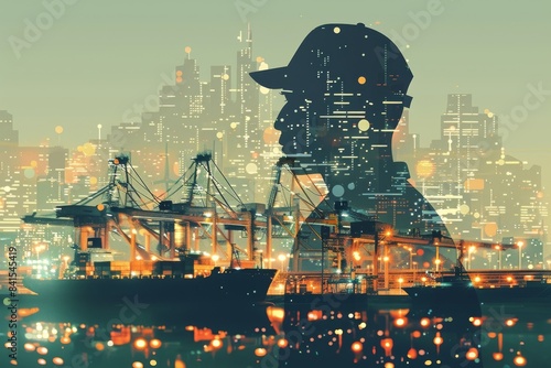 A man's silhouette is shown in front of a city skyline. The man is wearing a hat and he is a worker. The cityscape is lit up at night, creating a moody atmosphere photo