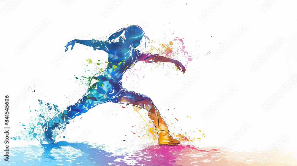 Fototapeta premium Silhouette of a dancer with colorful splashes on a white background, representing the concept of creativity in motion. Generative AI