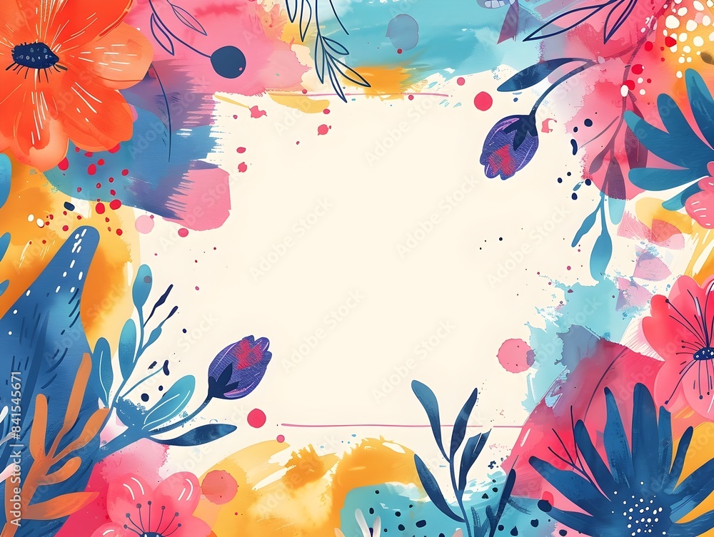 Vibrant Hand Drawn Floral Frame with Playful Doodles and Splashes on Colorful Background Vibrant Hand Drawn Floral Frame with Playful Doodles and Splashes on Colorful Background