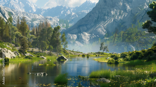 Serene mountain landscape with a tranquil pond