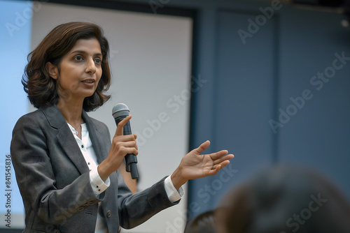 an indian woman giving speech in an university aula with students, speaking into microphone with hand outstretched pointing towards camera, wearing grey suit jacket and white blouse underneath