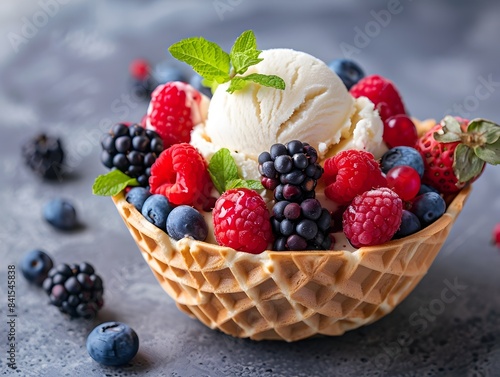 Elegant Ice Cream Dessert with Fresh Berries and Mint Leaves in Waffle Bowl  Appetizing Gourmet Treat Concept