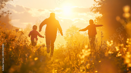 Family running through a field at sunset, backlit and silhouetted against a warm golden light, outdoor happiness concept. Generative AI