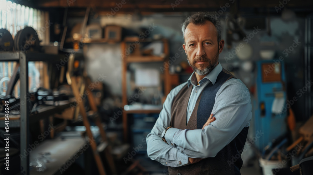 Confident businessman standing in a garage workshop environment Confident businessman standing in a garage workshop environment