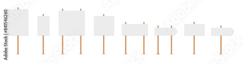Picket sign, demonstration banners, public transparency, protest placard. Design blank boards with sticks, wooden holders template. Concept sign picket element