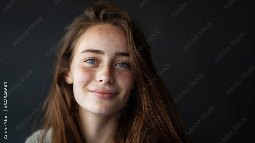 Portrait of a smiling woman with freckles in natural light Portrait of a smiling woman with freckles in natural light