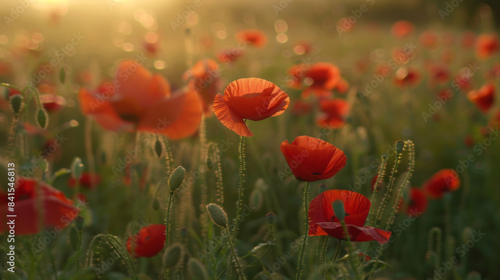 Fototapeta premium Beautiful red poppies blooming in a sunlit green field