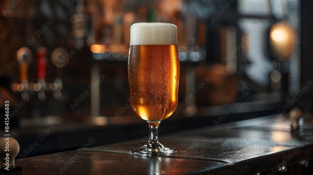 A glass of beer sits on a bar counter. craft beer bar A glass of beer sits on a bar counter. craft beer bar