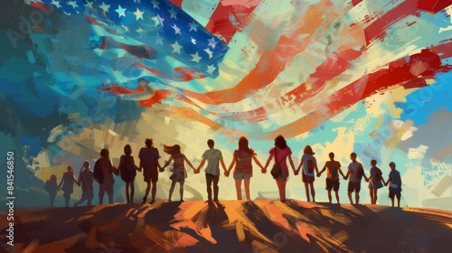 An inspiring digital painting of a diverse group of people holding hands around a large American flag photo