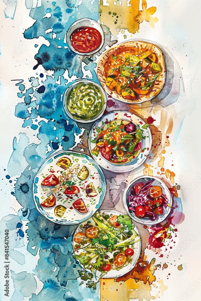 Vibrant Vegetarian Dishes on Watercolor Background Generative AI Vibrant Vegetarian Dishes on Watercolor Background Generative AI