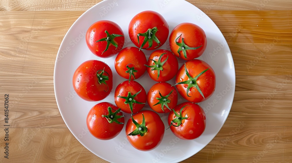 Tomatoes arranged in a circular pattern on a white plate, ready for a gourmet dish Tomatoes arranged in a circular pattern on a white plate, ready for a gourmet dish