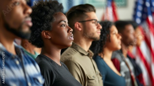An inspiring image of a diverse group of people singing the national anthem