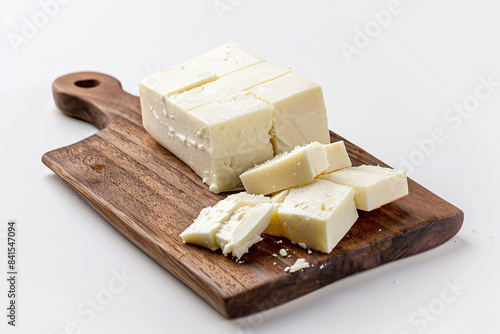 a block of cheese on a wooden board
