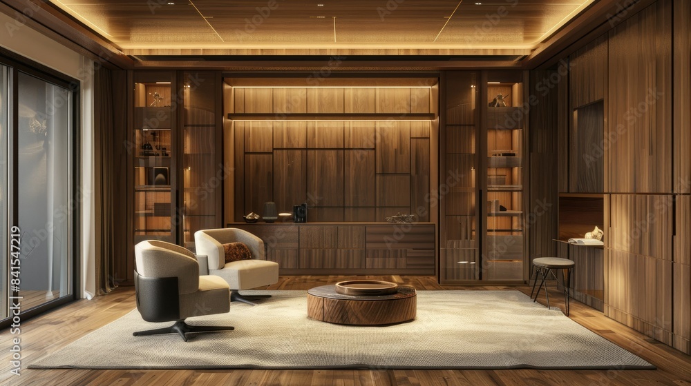 Wooden wall closet in villa living room design interior, modern furniture, hardwood flooring, huge couch, armchair. Concept of relax. 3d rendering AI generated Wooden wall closet in villa living room design interior, modern furniture, hardwood flooring, huge couch, armchair. Concept of relax. 3d rendering AI generated