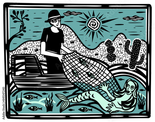 Fisherman catching mermaid. Woodcut style
